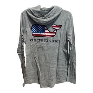 Vineyard Vines America Patriotic Whale Logo Gray Hooded Long Sleeve Shirt Men's